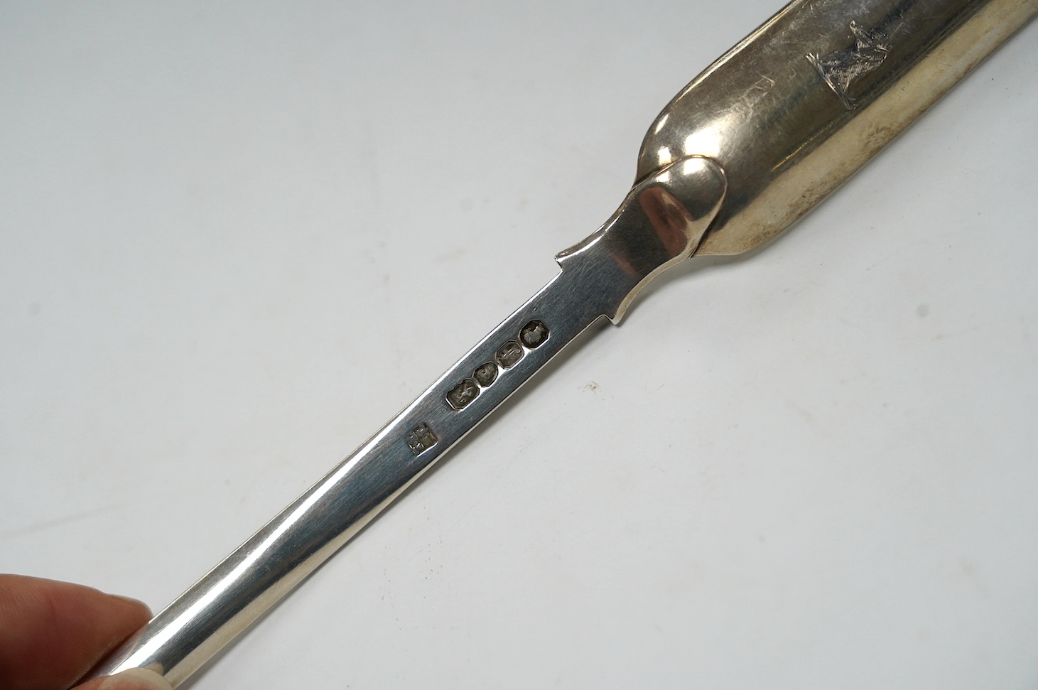 A Victorian silver marrow scoop by John & Henry Lias, London, 1841, 21.3cm, 45 grams. Condition - fair